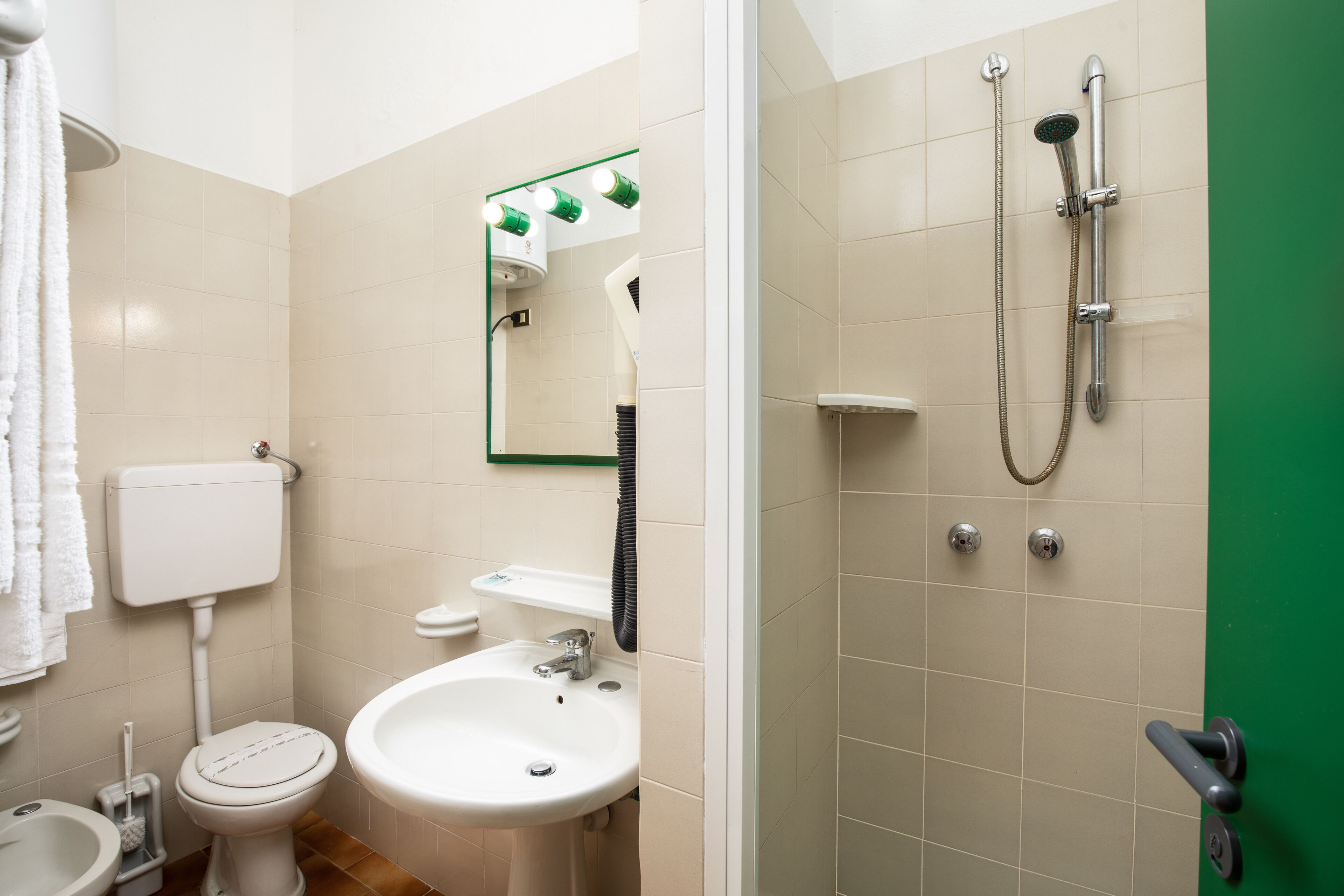 Une salle de bain avec des toilettes, un lavabo et une douche.