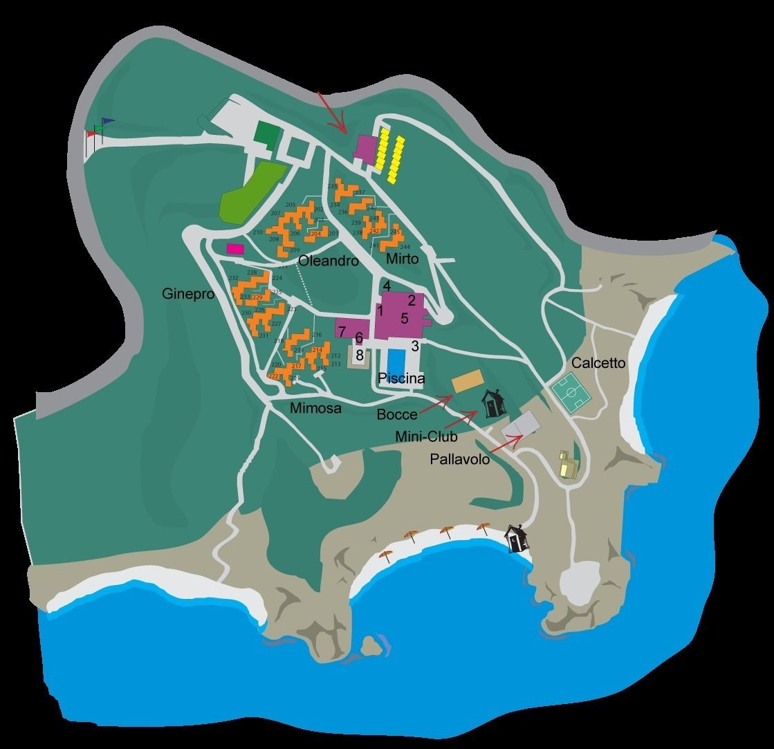 A map of a coastal area with labeled locations such as Oleandro, Mimto, and Caletto.