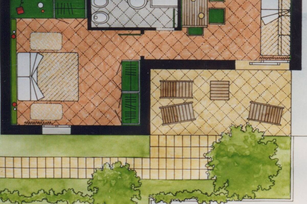 A floor plan of a house with a kitchen, dining area, two bedrooms, and a bathroom.