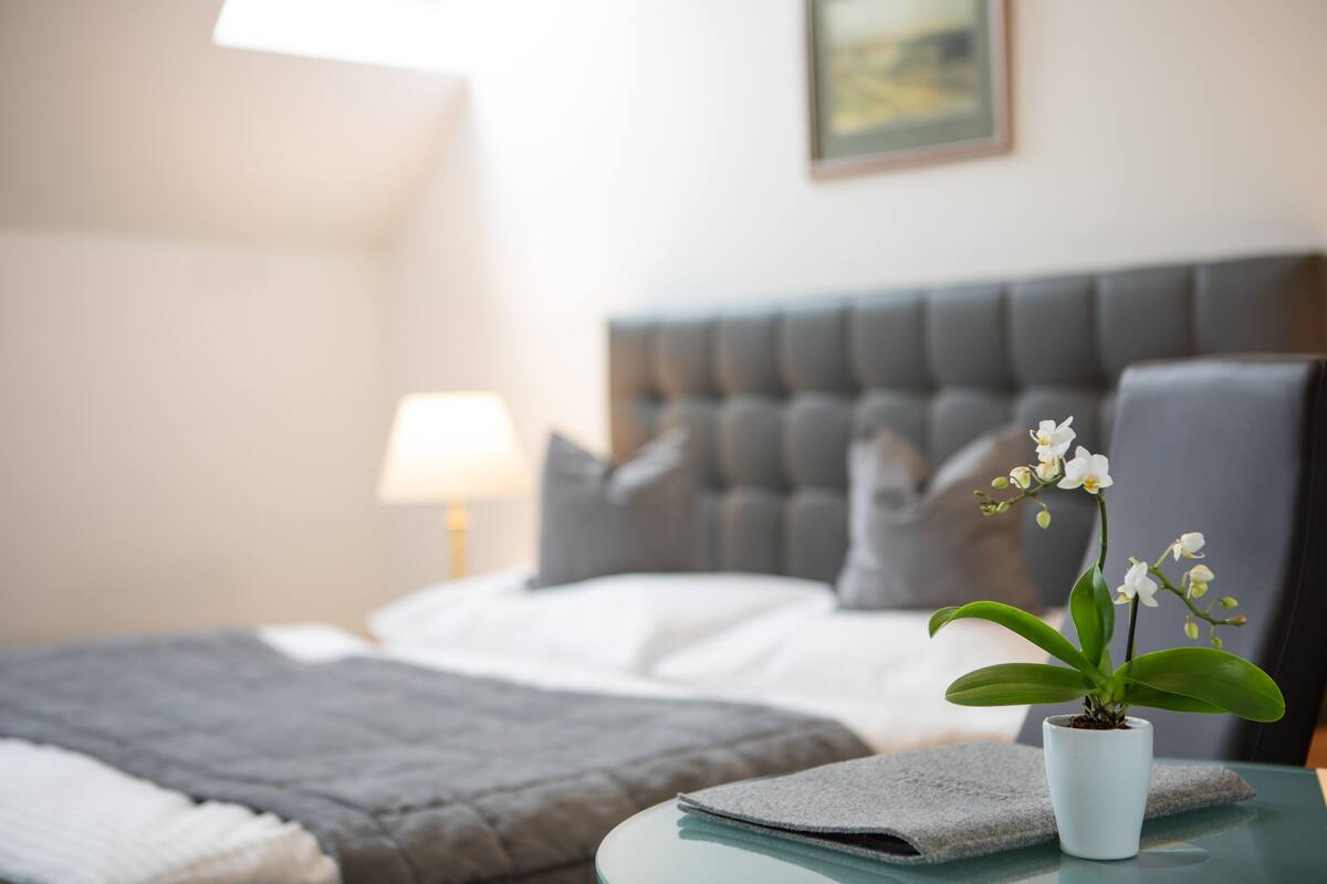 Ein ordentlich bezogenes Bett mit grauem Kopfteil, ein Nachttisch mit Orchidee im Topf und eine Lampe auf dem Beistelltisch.