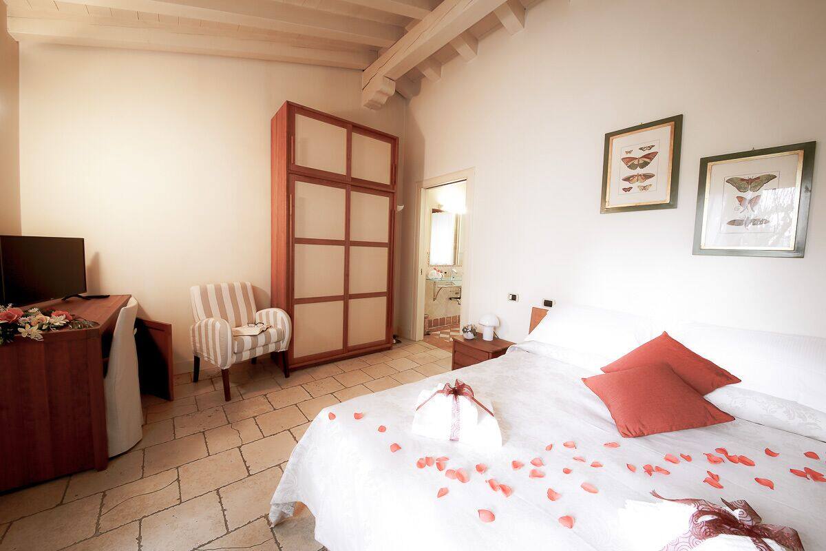 A hotel room with a bed, a desk with a TV, a chair, a wardrobe, and framed butterfly pictures on the wall.
