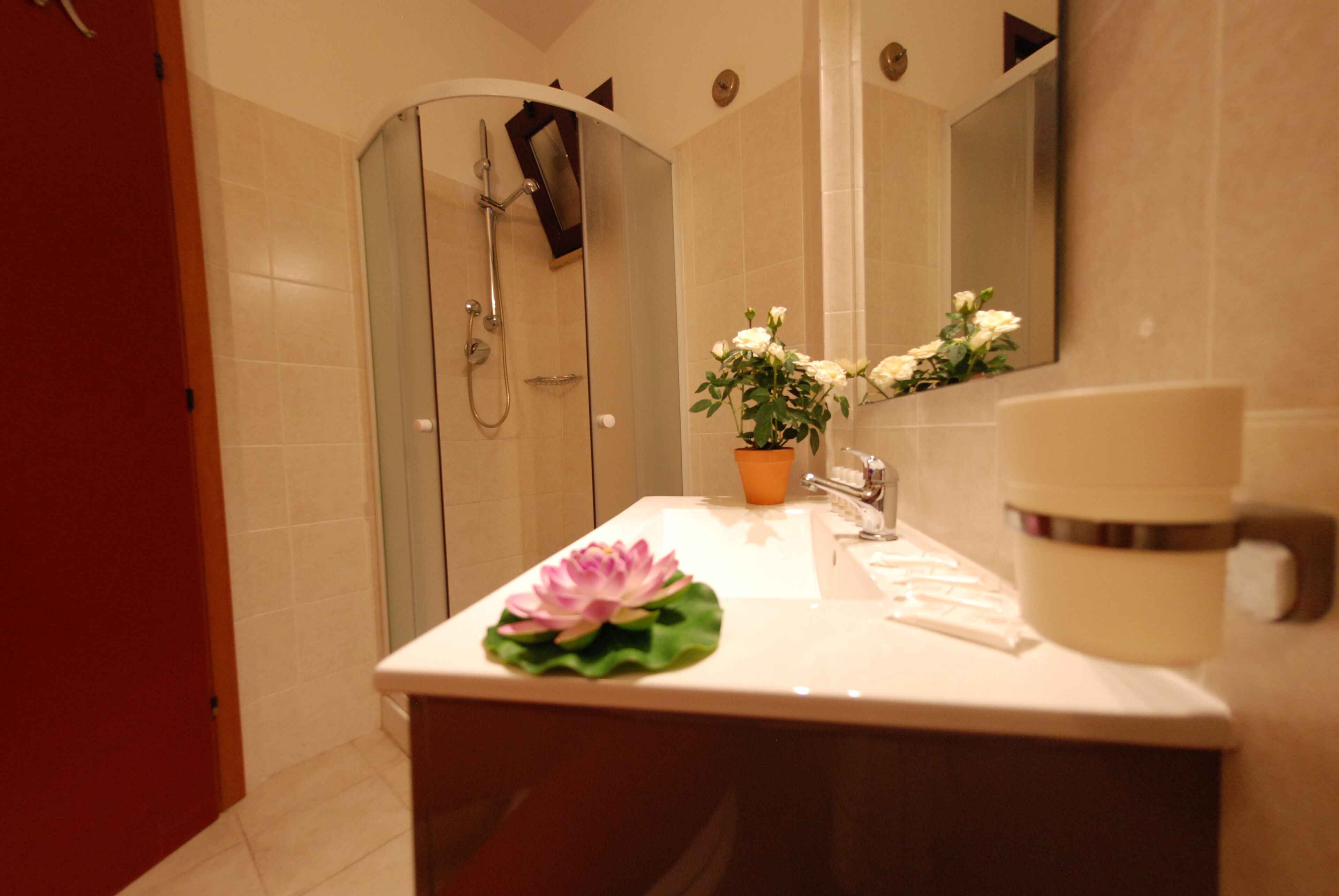 Une salle de bain avec une douche, un lavabo décoré d’un motif de fleur de lotus et un miroir.