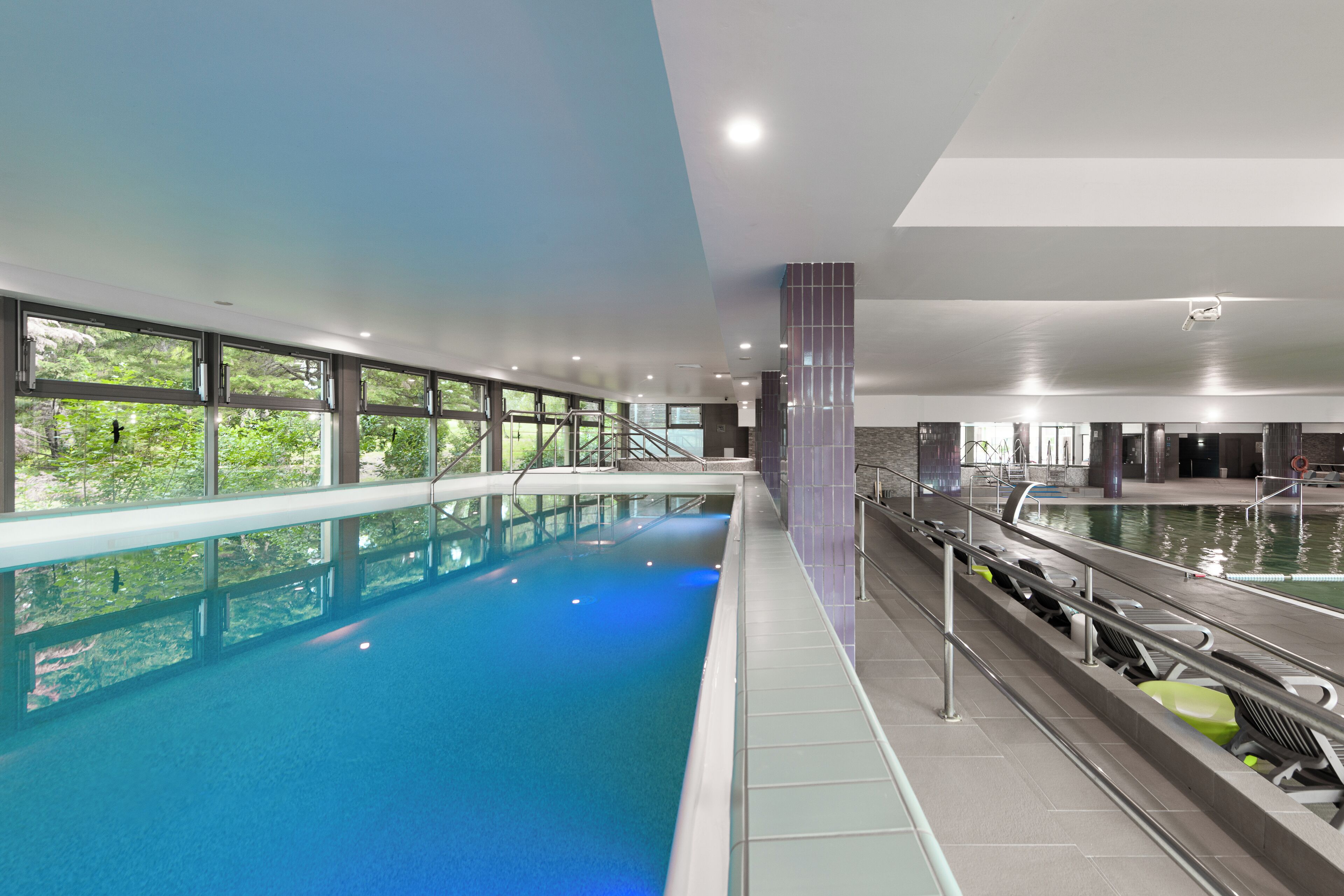 indoor pool, outdoor pool, pool loungers