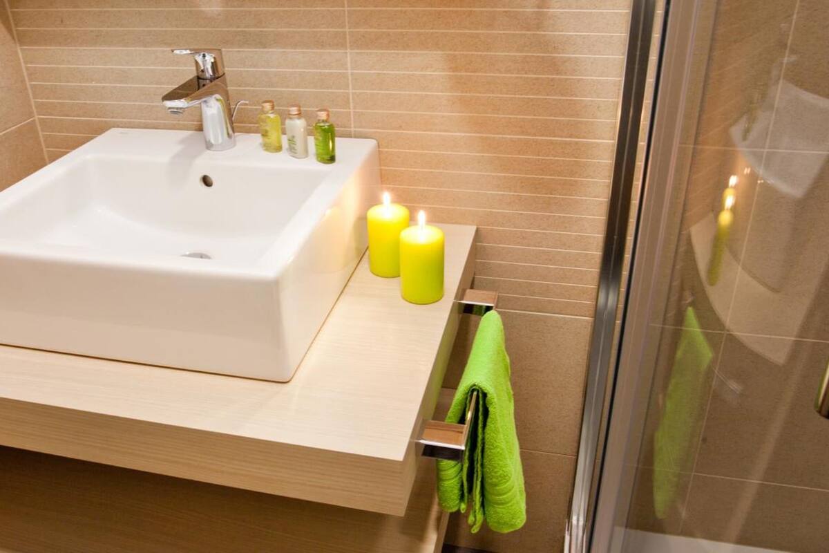 free toiletries, hair dryer, towels