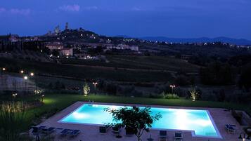 Outdoor pool, pool umbrellas, pool loungers