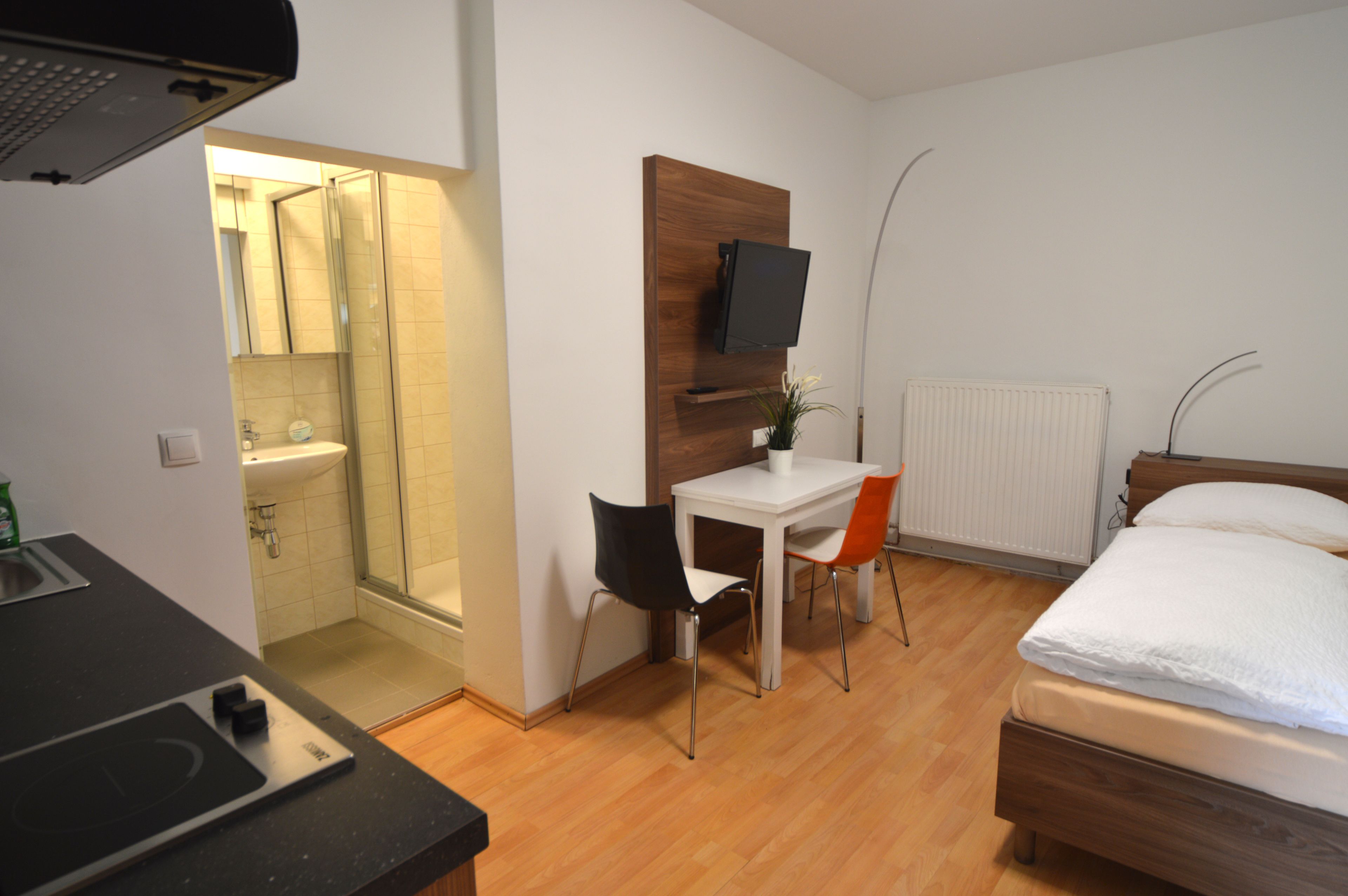 A hotel room with a bed, a desk with a chair, a TV mounted on a wooden panel, a shower area, and a radiator.