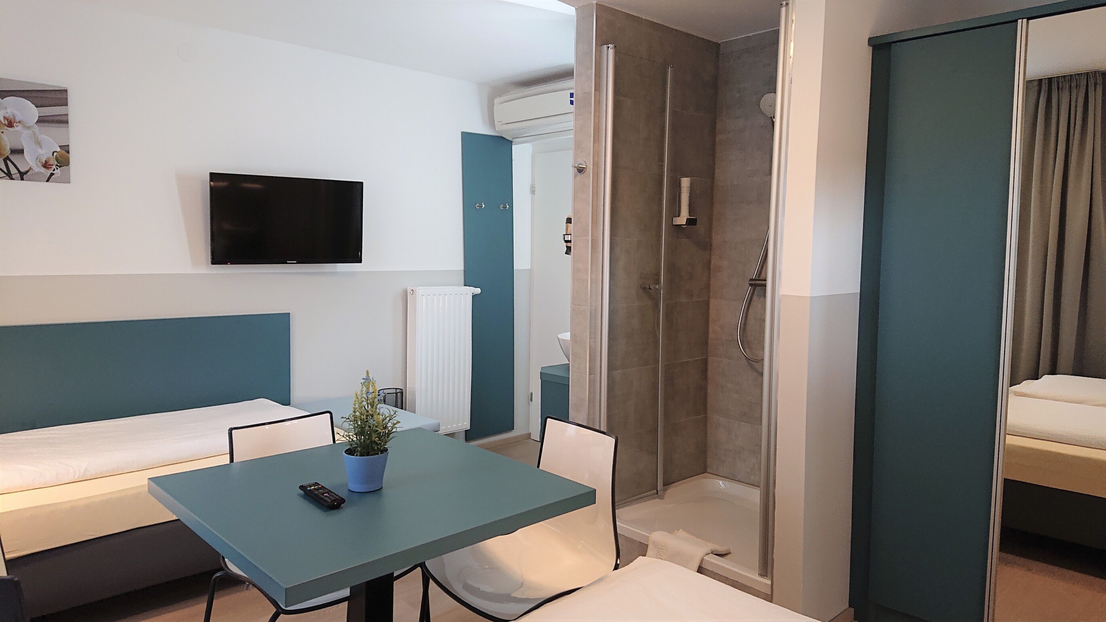 Een moderne hotelkamer met een bed, een kleintje tafeltje met een plant en afstandsbediening, een douchegedeelte en een aan de muur bevestigde televisie.