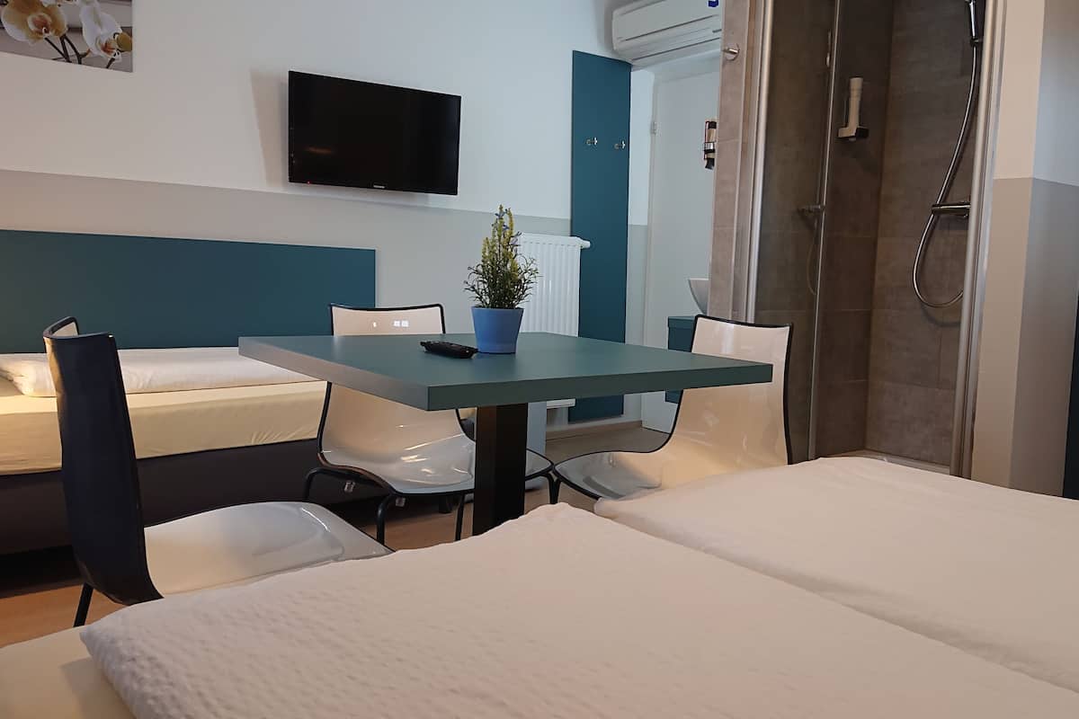 Hotellihuone, jossa on sänky, työpöytä tuolilla, televisio, ruukkukasvi ja suihkutila.