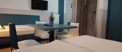 Habitación de hotel con cama, escritorio con silla, televisor, planta en maceta y zona de ducha.