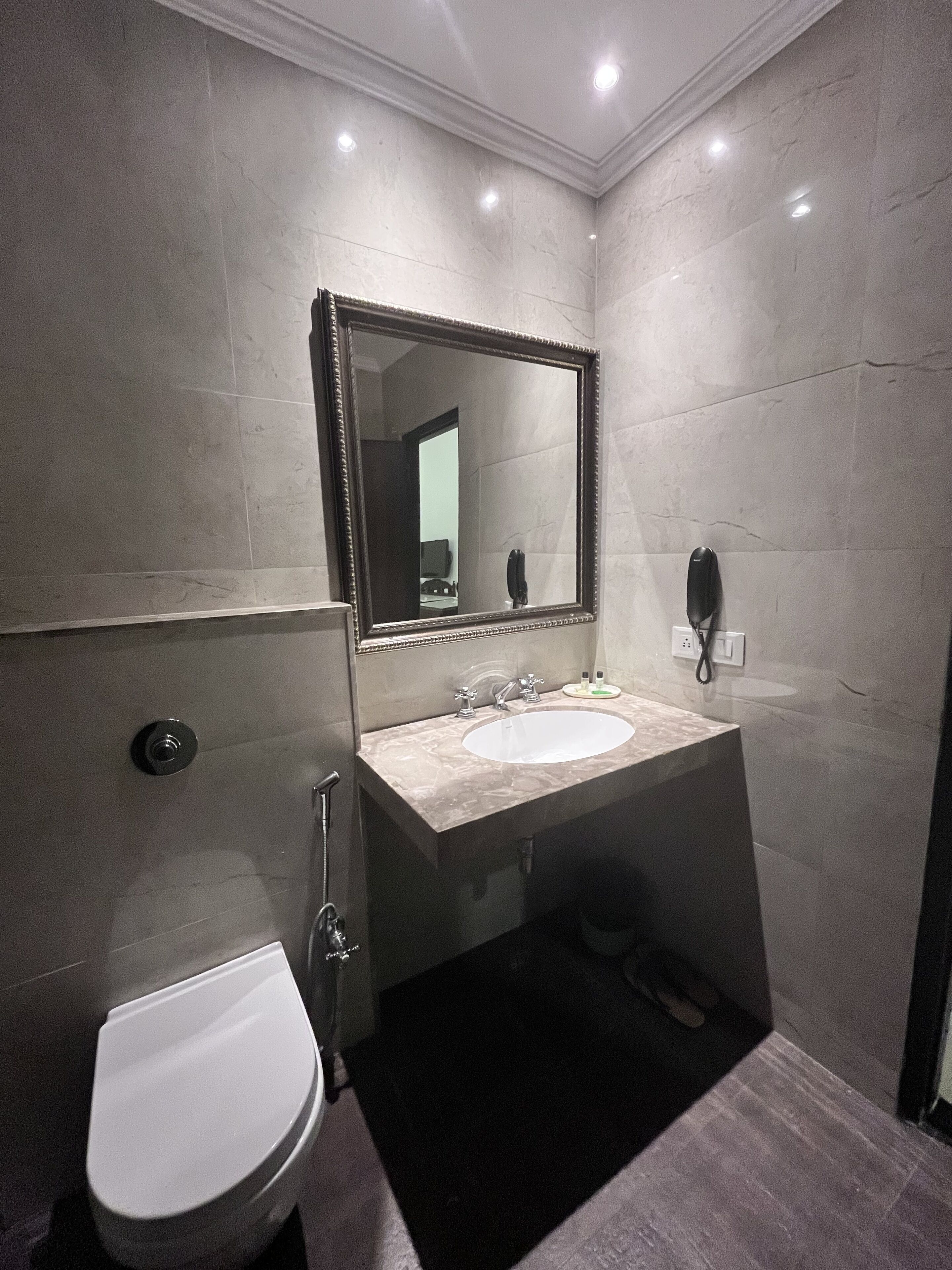 A modern bathroom with a marble sink, a large mirror, a toilet, and a shower area.