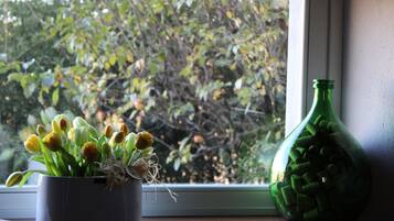 A window with a potted tulip arrangement and a green bottle on a windowsill.