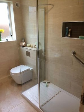 Buồng tắm vòi sen, máy sấy tóc, dép đi trong nhà, khăn tắm
