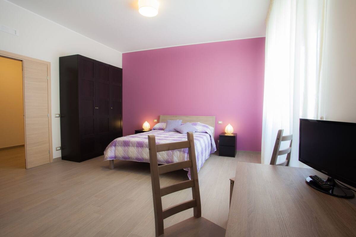 Une chambre à coucher avec un lit, un bureau, une télévision et une armoire.