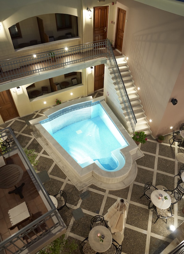 Outdoor pool, pool umbrellas, pool loungers