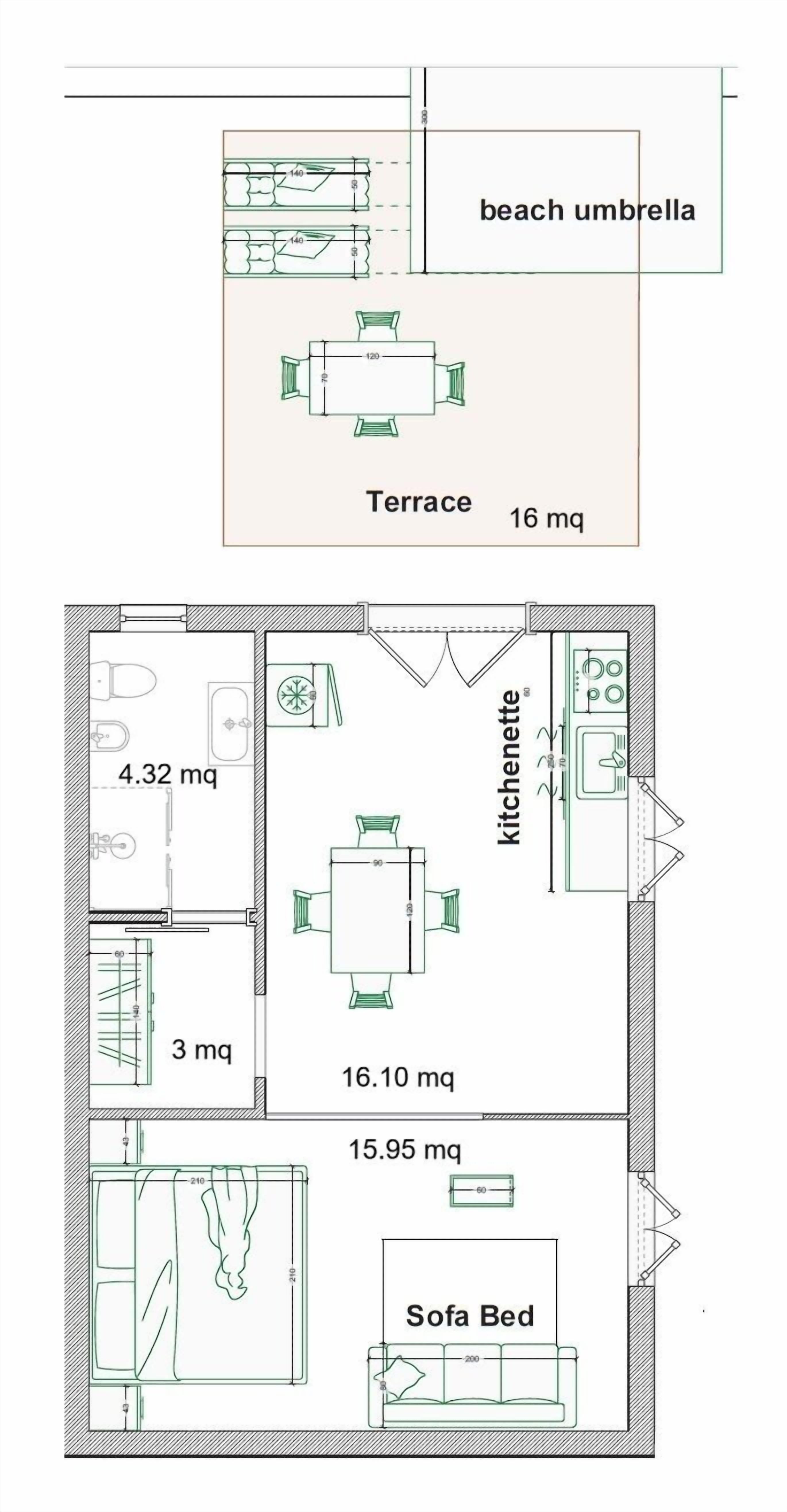 A floor plan of a hotel room with a terrace, kitchen, bathroom, and a sofa bed.