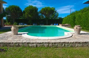 Una piscina rectangular con borde de piedra, rodeada de césped y árboles.