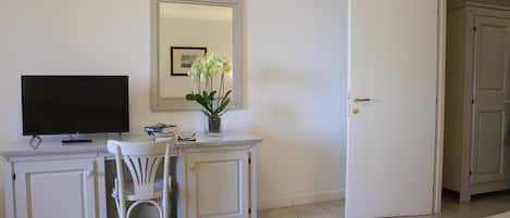 A room with a TV on a white cabinet, a chair, a small table with a plant, and a door.