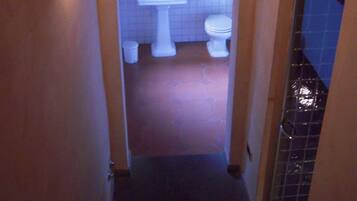 A narrow hallway leading to a bathroom with a sink, two toilets, and a mirror.