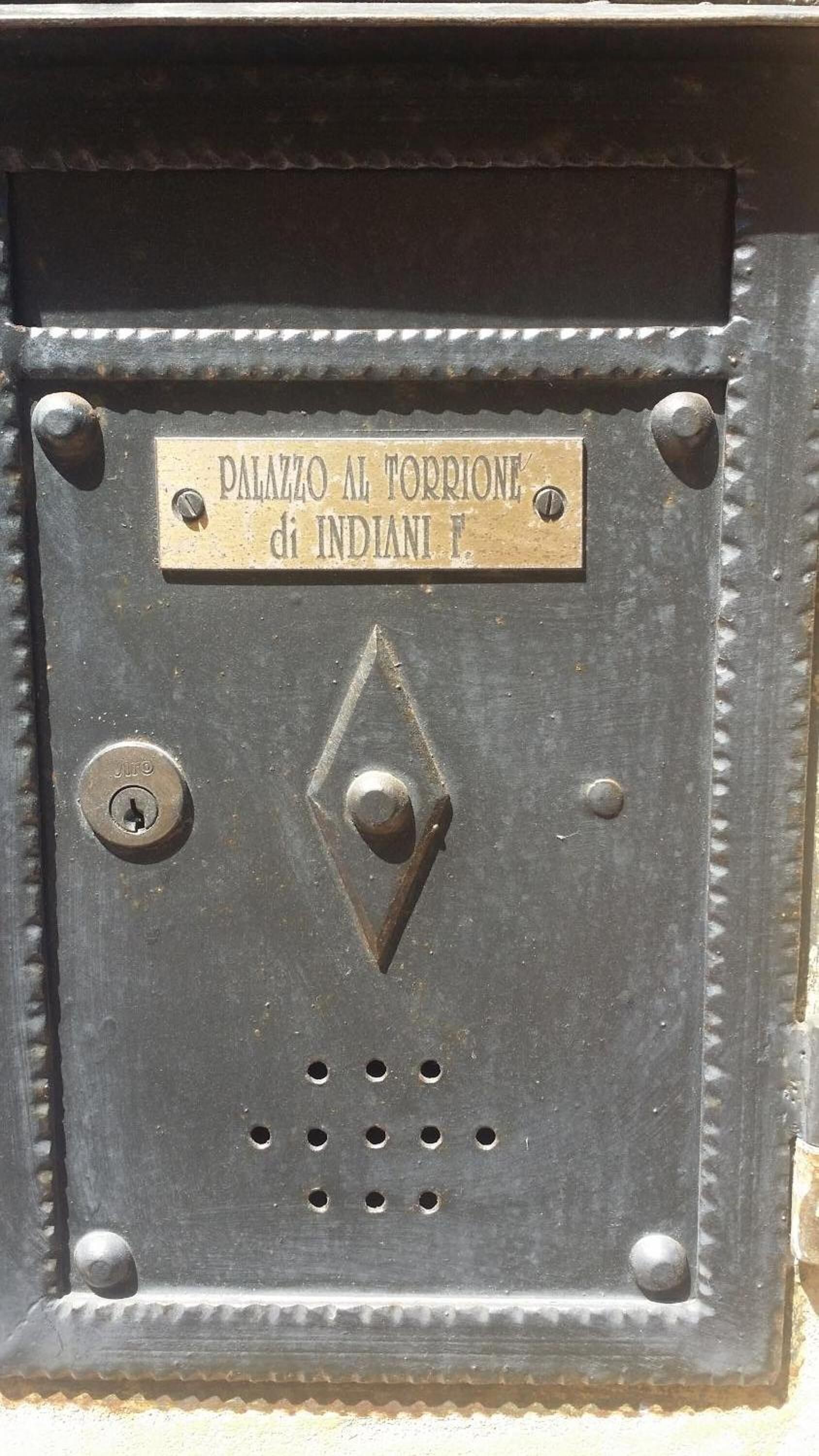 A metal box with a label reading "Palazzo Al Torrione di Indiani F."