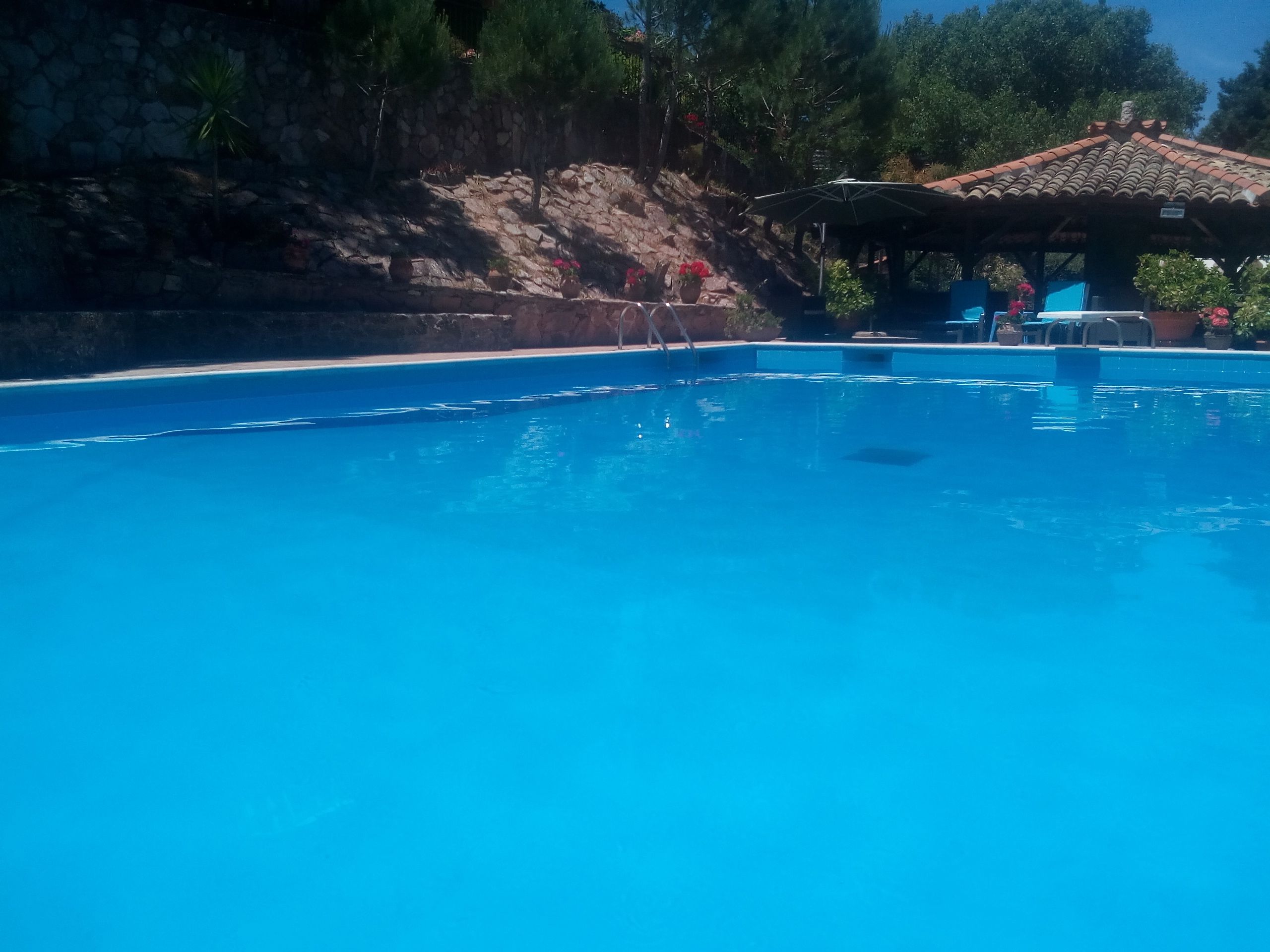 A clear blue swimming pool with a stone wall and a gazebo in the background.