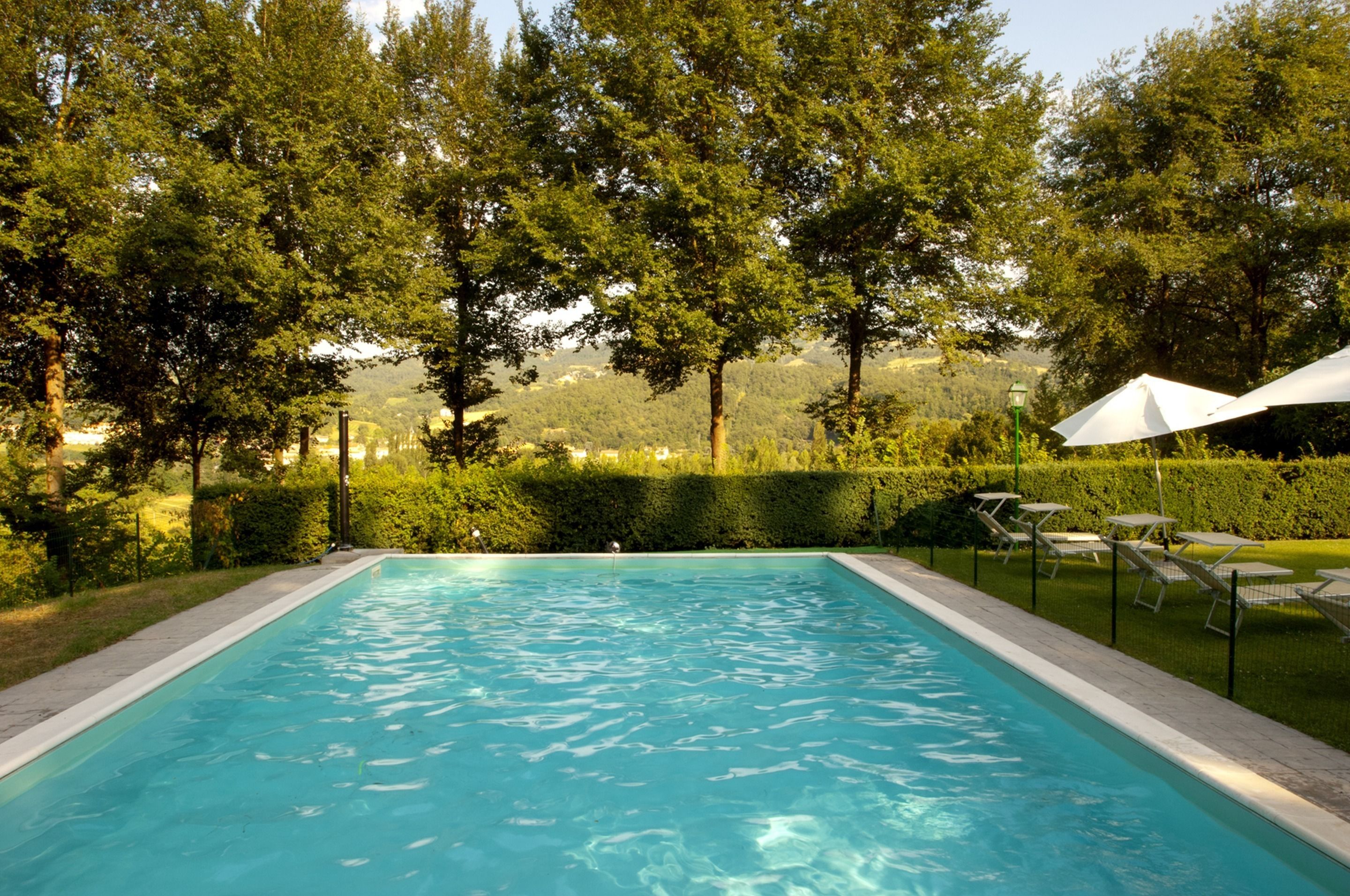 Outdoor pool, pool umbrellas, pool loungers