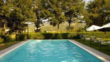 Outdoor pool, pool umbrellas, sun loungers