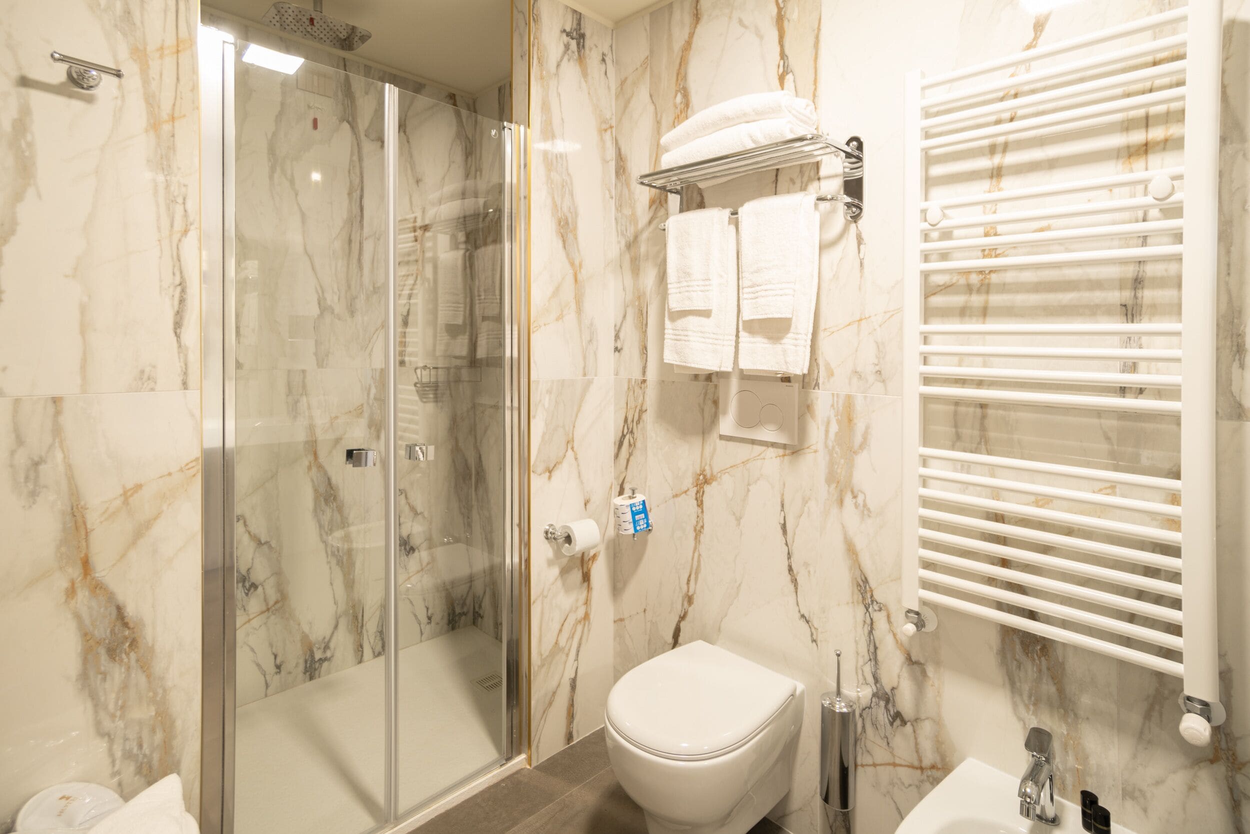 A bathroom with a glass-enclosed shower, a white toilet, a sink, and a towel rack with towels.