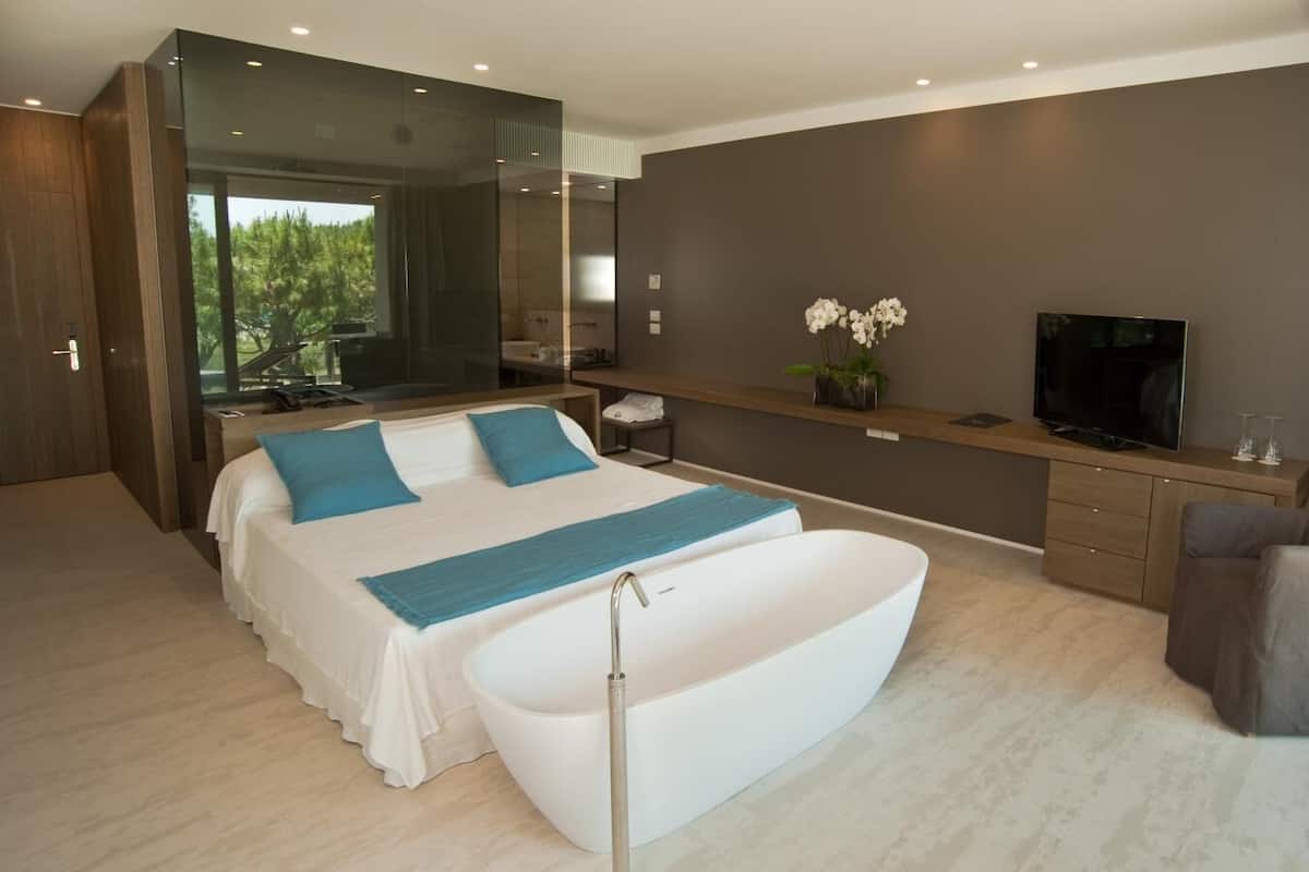 A modern bedroom with a large bed, a bathtub, a TV, and a desk.