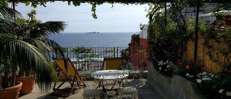 A patio with a table and chairs, potted plants, and a view of the sea.