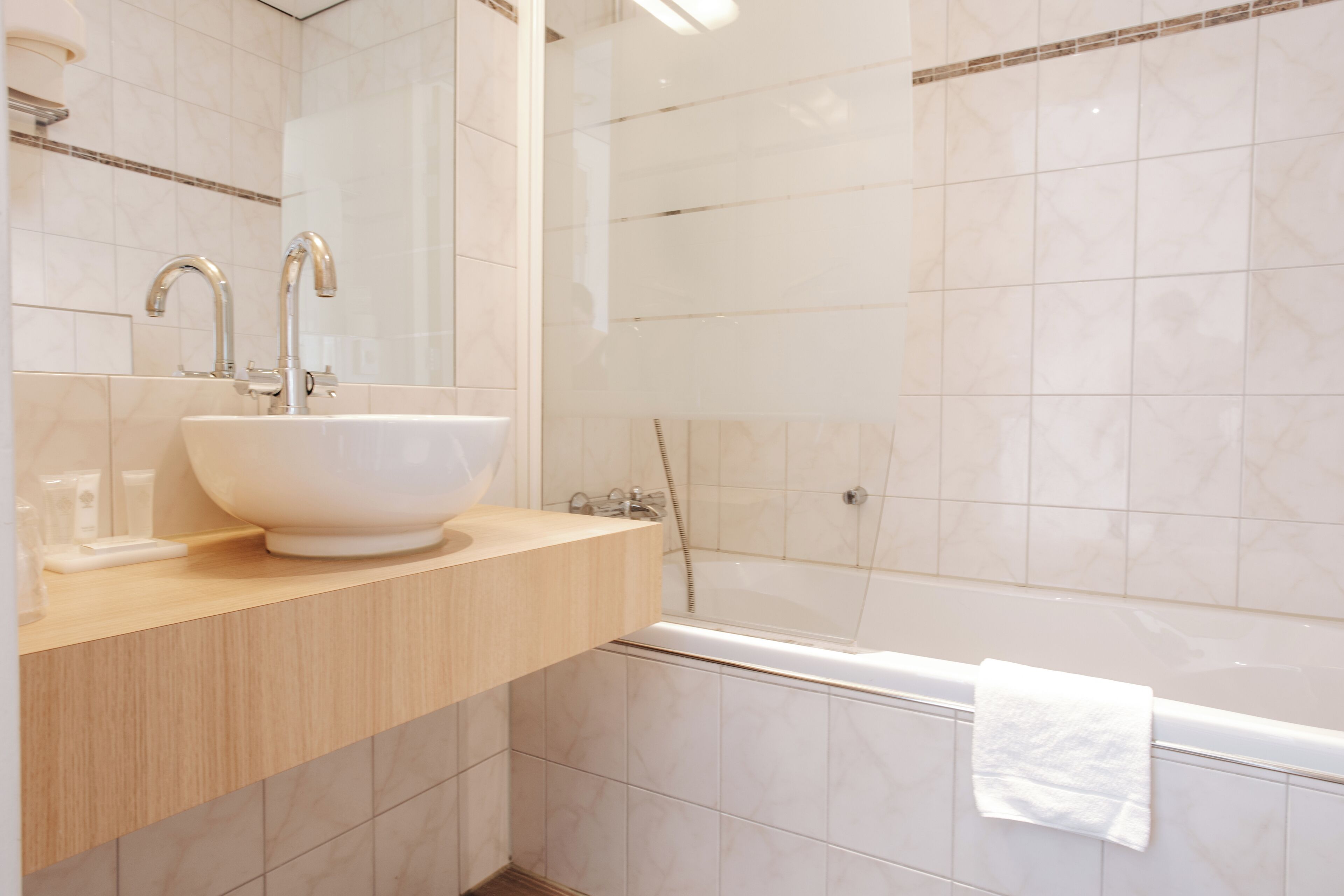 free toiletries, hair dryer, towels