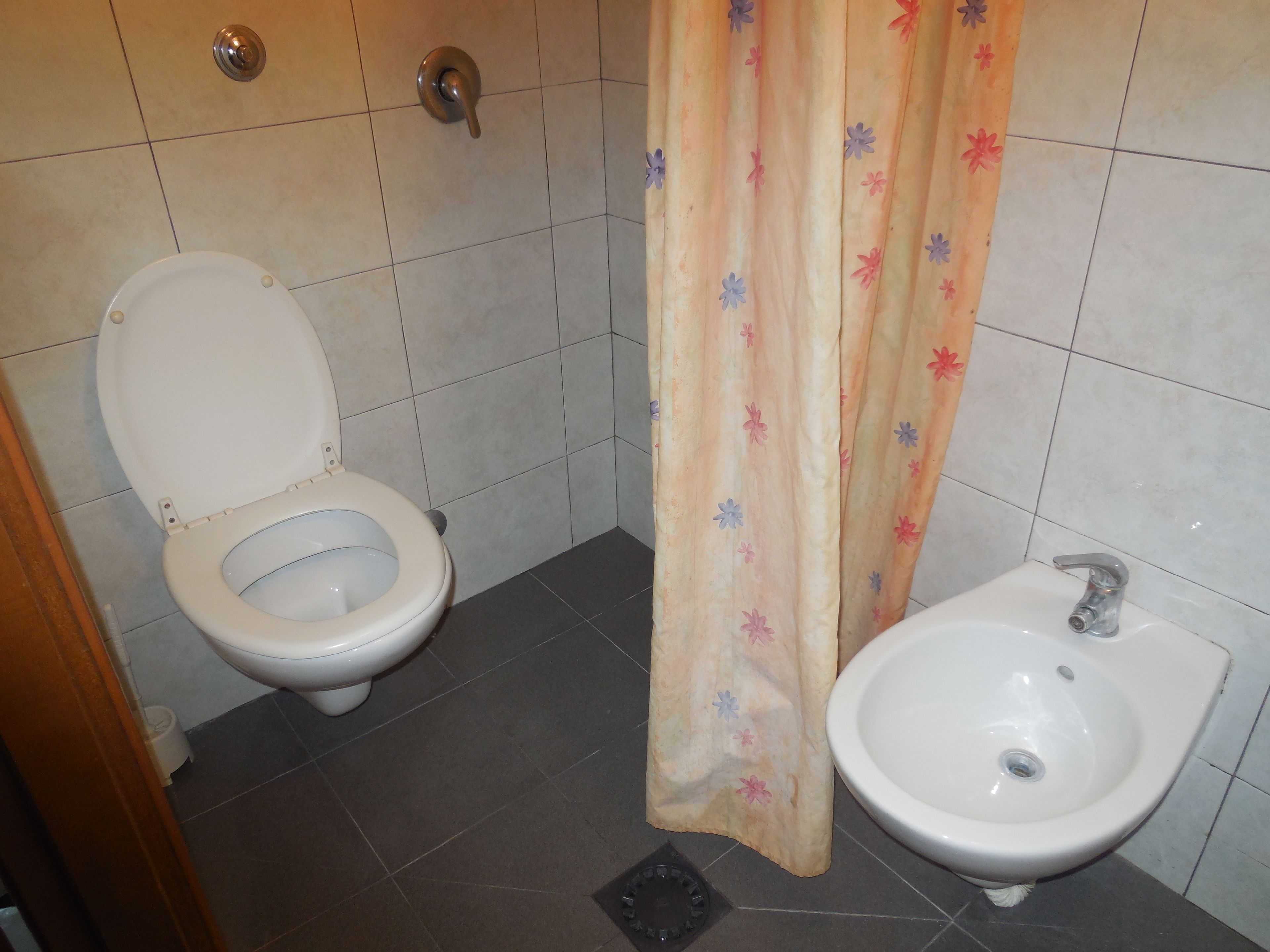 Un baño con inodoro, lavamanos y cortina de ducha con motivos florales.
