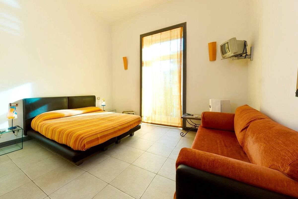A bedroom with a bed, a sofa, a TV, and a window with curtains.