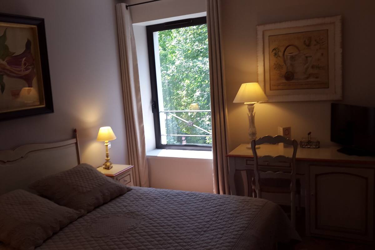 Hotellihuone, jossa on sänky, työpöytä lampun kanssa, televisio ja ikkuna, josta on näkymä puita kohti.