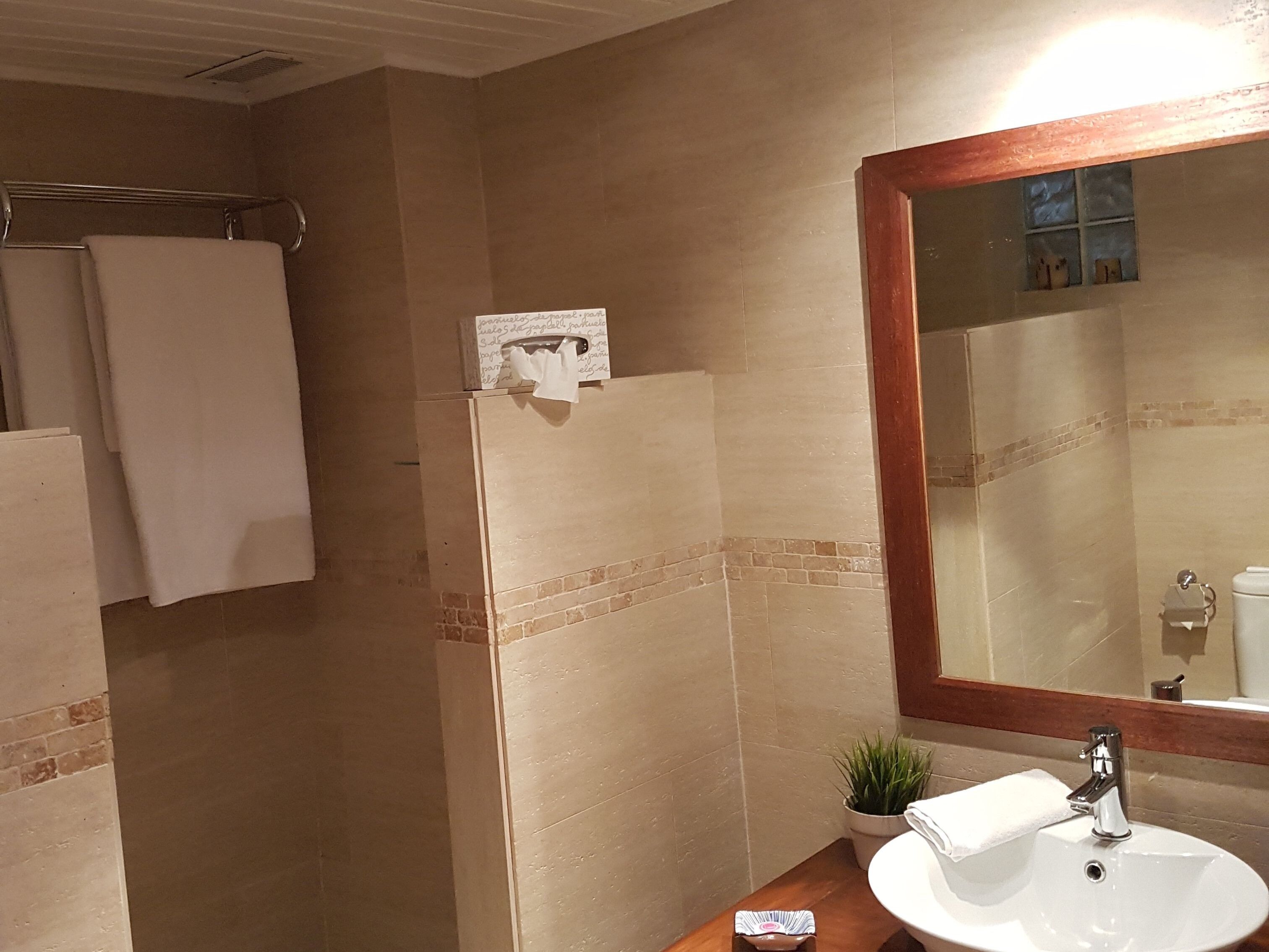 A bathroom with a white sink, a mirror, and a shower area.