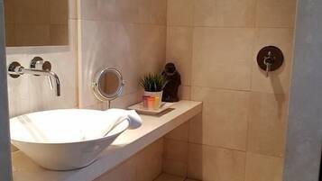 Une salle de bain moderne avec un grand lavabo blanc, un miroir et une petite plante en pot.