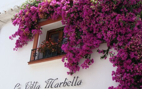 A building facade with vibrant purple bougainvillea flowers covering the upper part. A window with a balcony is visible, and the name "La Villa Marbella" is displayed on the wall.