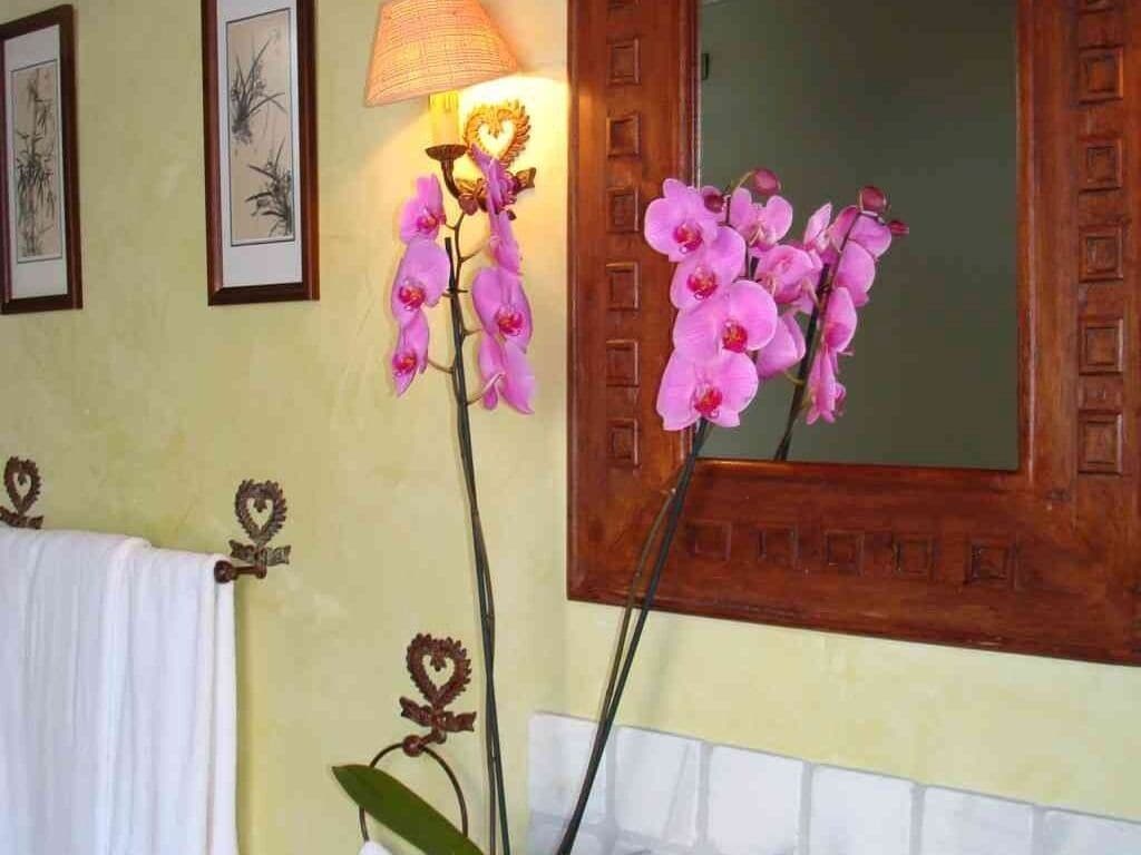 Un baño con puerta de madera, un espejo y una lámpara en la pared.