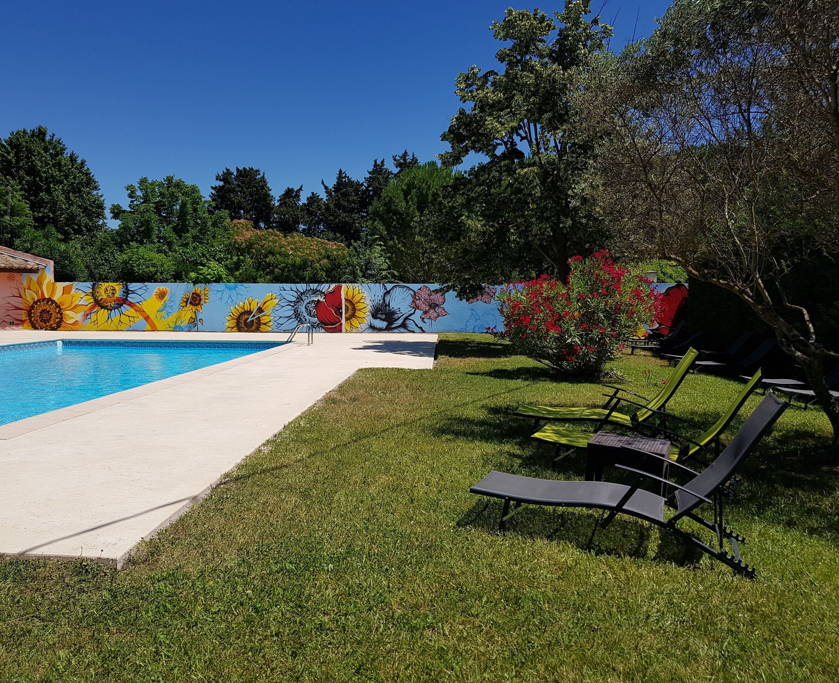 seasonal outdoor pool, pool loungers
