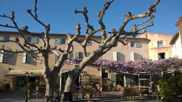 A building with a cafe area featuring outdoor seating and a pergola with purple flowers. - Hotel Restaurant La Ferme (Avignon)