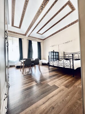 Blackout curtains, iron/ironing board, free cots/infant beds, free WiFi