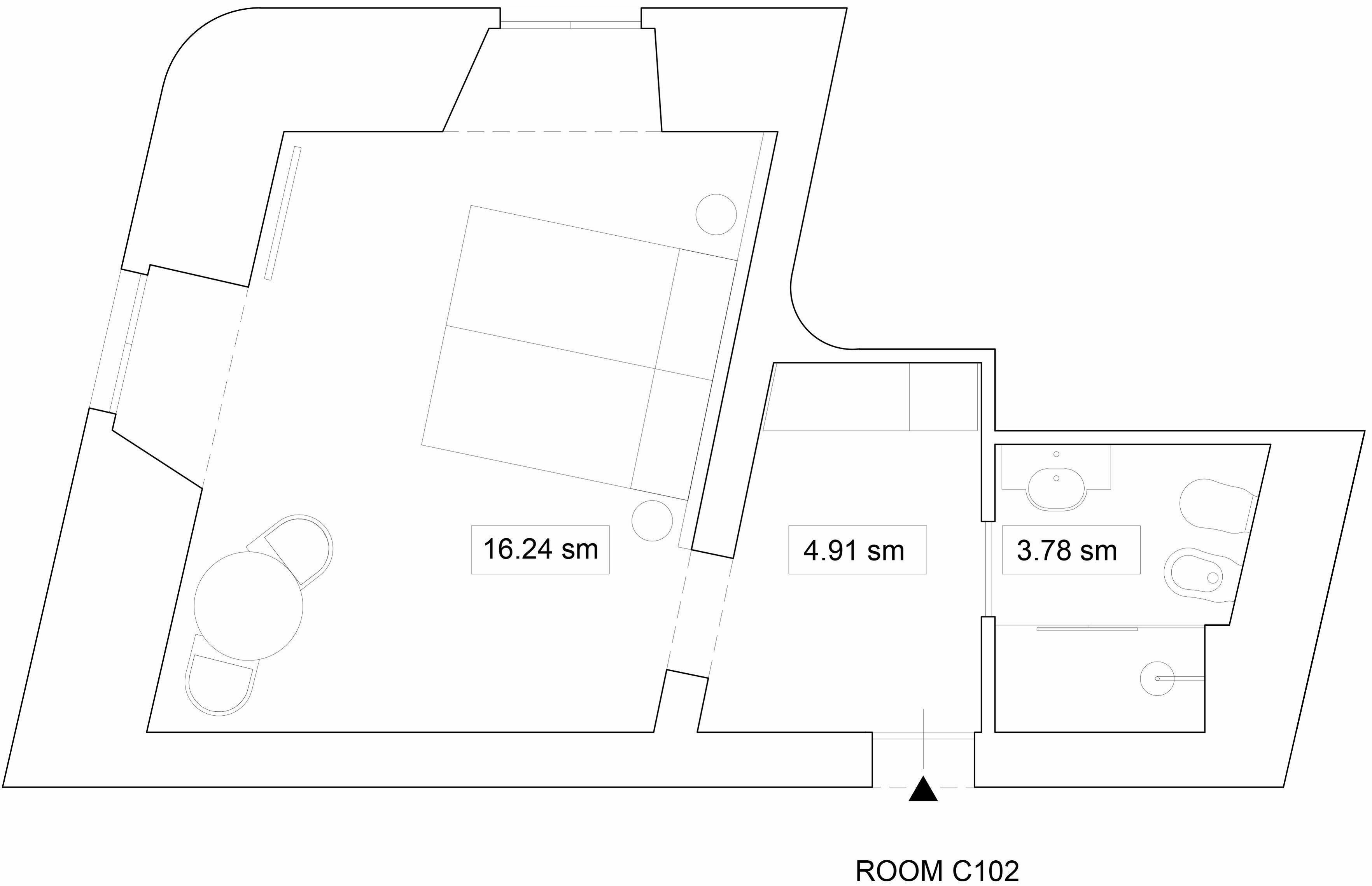 A floor plan of ROOM C102 with dimensions: 16.24 sqm, 4.91 sqm, and 3.78 sqm.