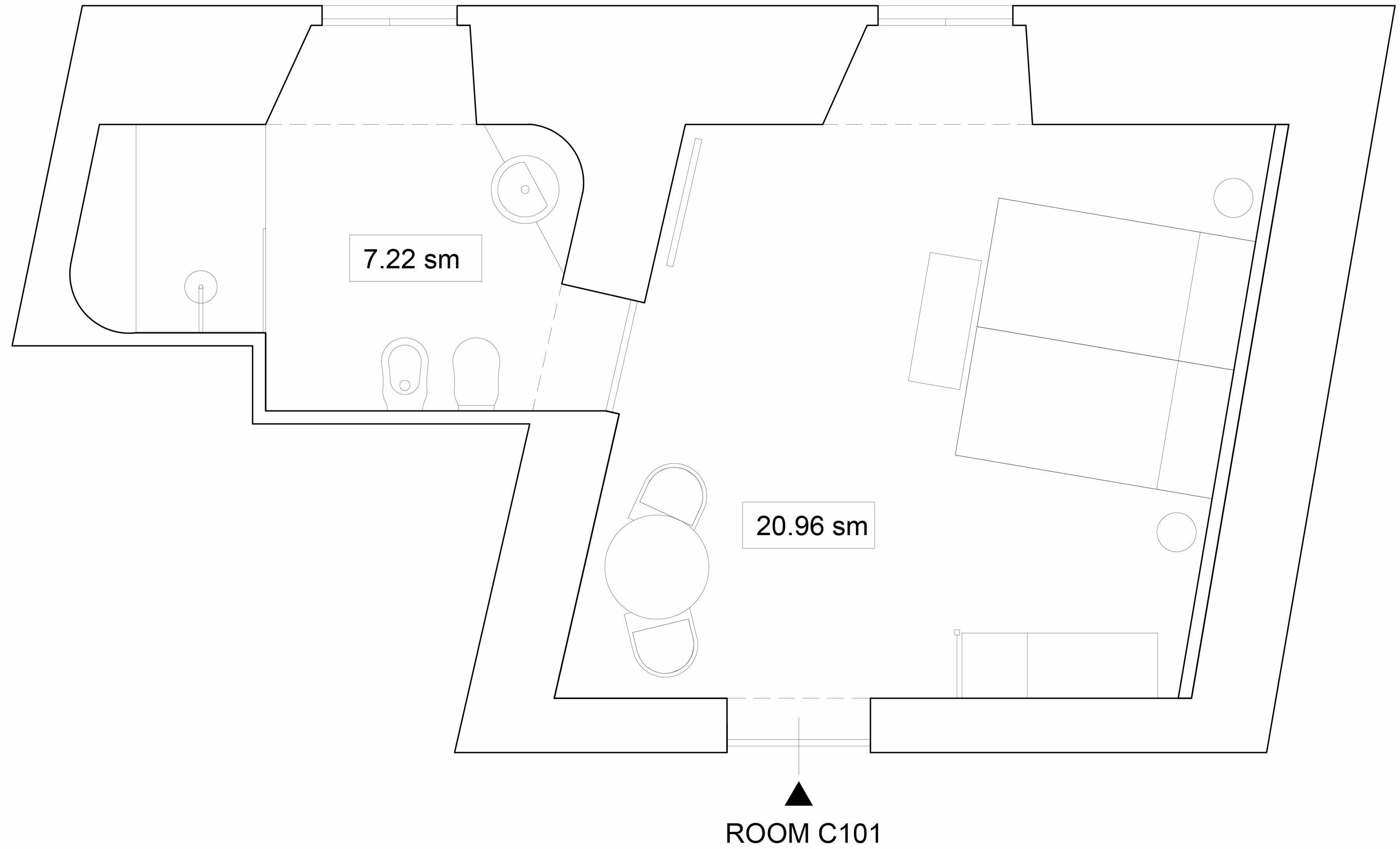 A floor plan of ROOM C101 with a 7.22 sm area and a 20.96 sm area.