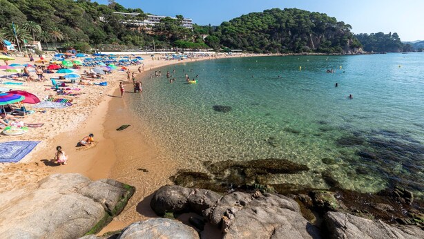 A beach with clear water, rocks, and umbrellas. - Hotel Ninays (Lloret de Mar)