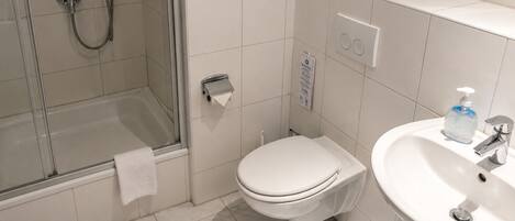 Hair dryer, towels, soap, shampoo