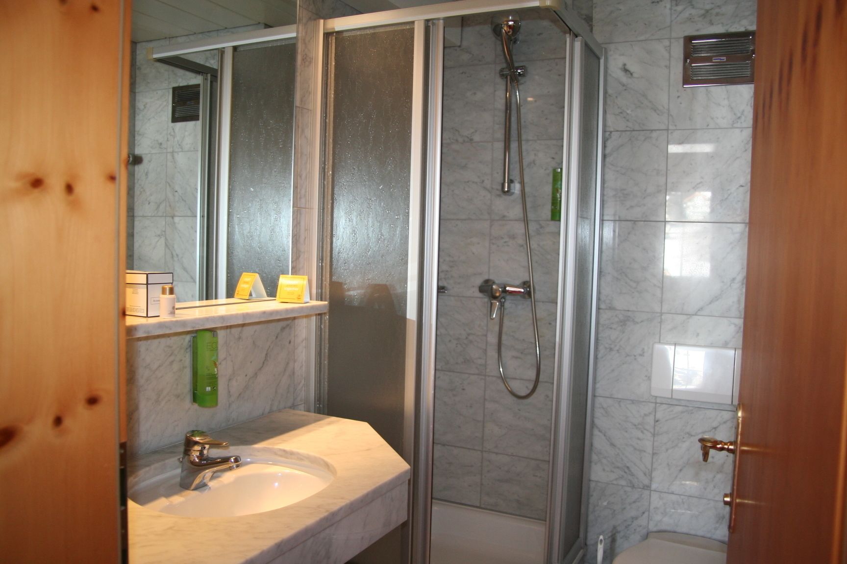 Une salle de bain avec une douche à parois de verre, un lavabo en marbre et un miroir.