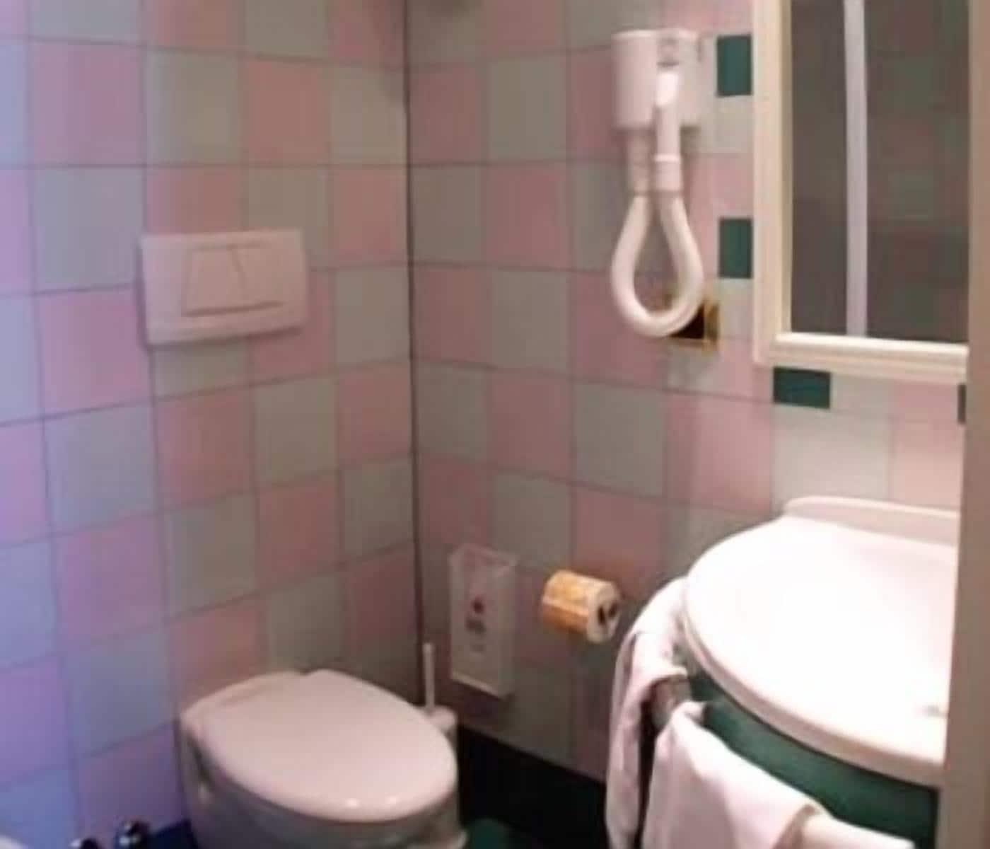 A bathroom with a toilet, a sink, and a mirror.