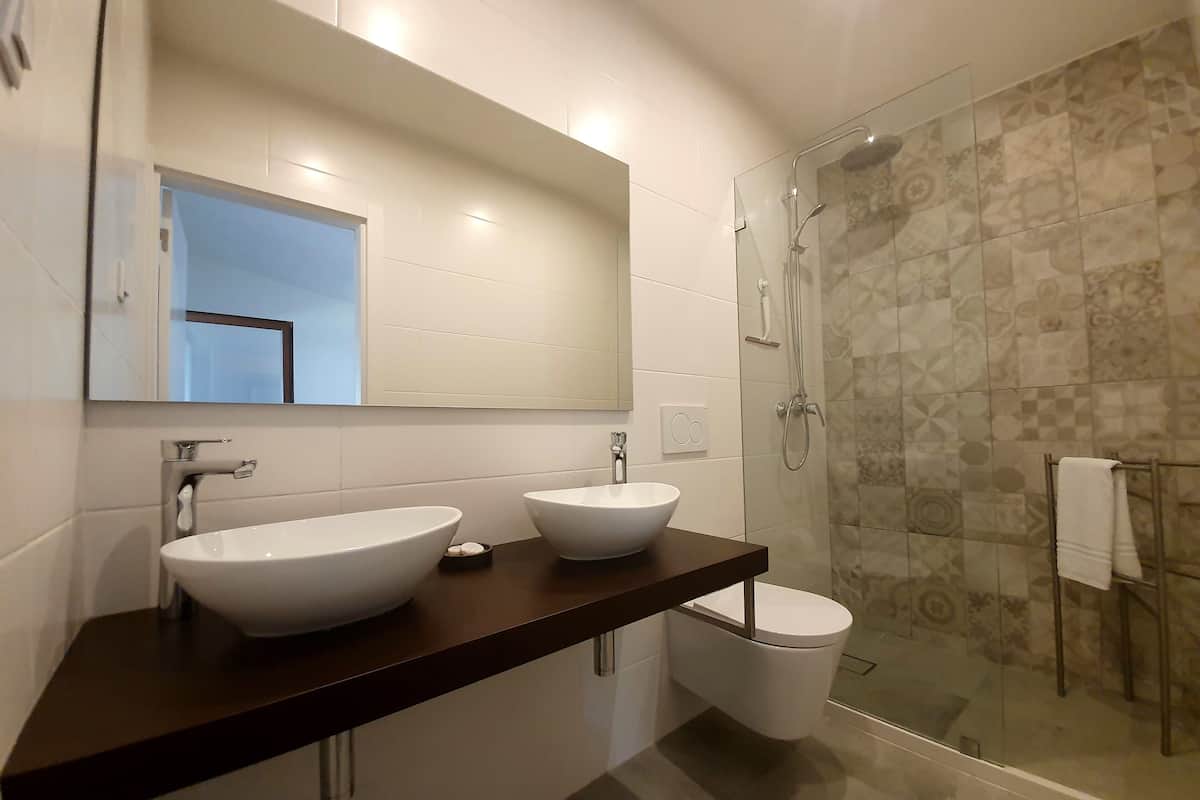 Duş, ücretsiz banyo/kozmetik ürünleri, saç kurutma makinesi, havlu