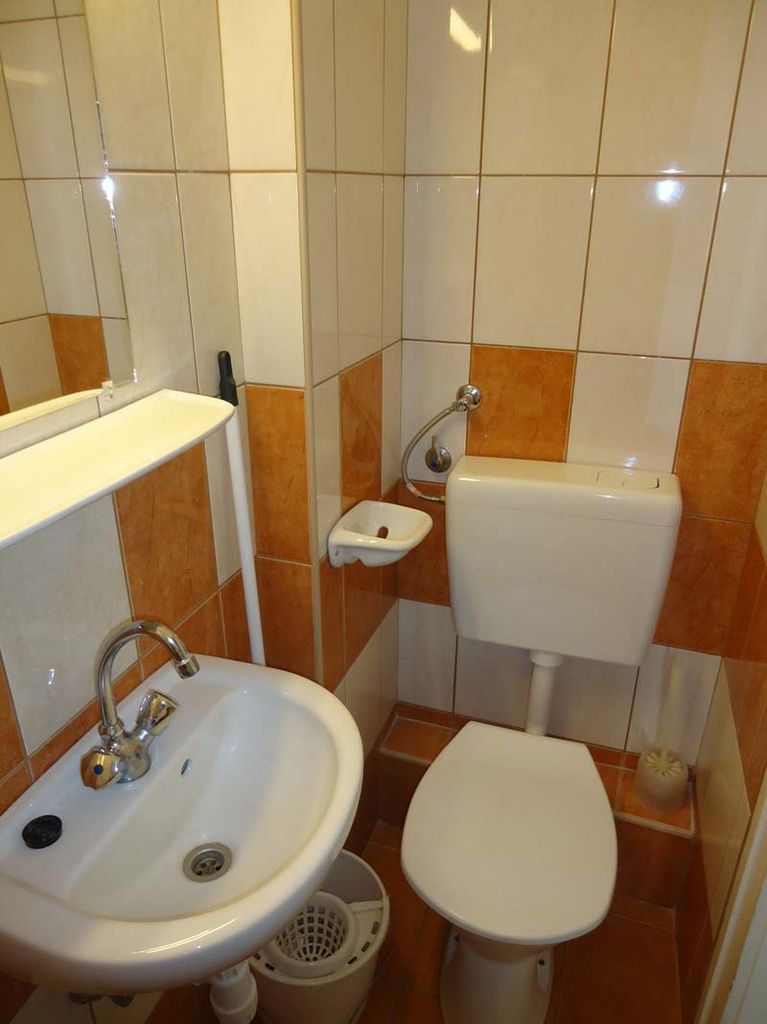 A bathroom with a sink, toilet, and a small shelf.