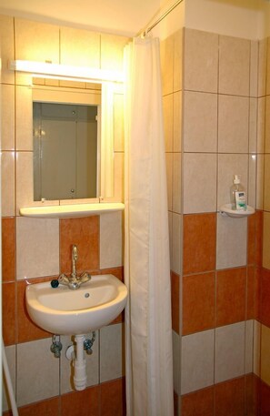 Un baño con lavamanos, espejo y cortina de ducha.