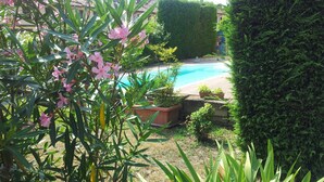 A pool surrounded by greenery and potted plants. - Il Pioppo e la Fonte (Castello d'Agogna)